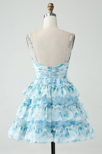 Tirantes de espagueti de línea A Vestido corto de regreso a casa floral azul escalonado